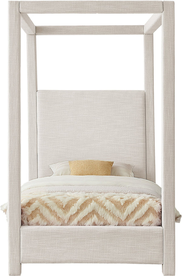 Meridian Furniture Emerson Four Post Canopy Twin Bed Linen Upholstered Mid-century Modern Bedroom Frame Cream EmersonCream-T