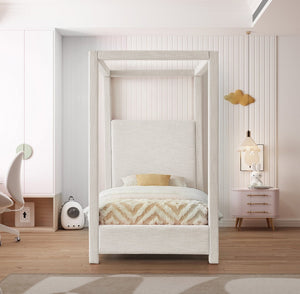 Meridian Furniture Emerson Four Post Canopy Twin Bed Linen Upholstered Mid-century Modern Bedroom Frame Cream EmersonCream-T