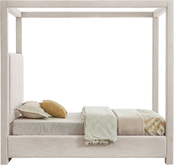 Meridian Furniture Emerson Four Post Canopy Twin Bed Linen Upholstered Mid-century Modern Bedroom Frame Cream EmersonCream-T