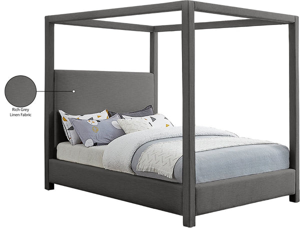 Meridian Furniture Emerson Four Post Canopy Full Bed Linen Upholstered Mid-century Modern Frame for Bedroom Grey EmersonGrey-F