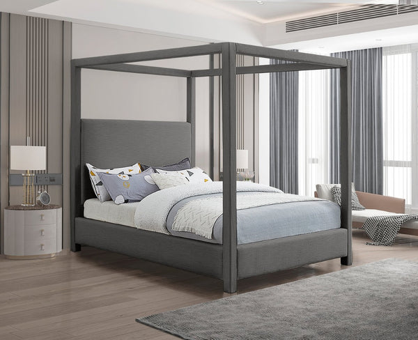 Meridian Furniture Emerson Four Post Canopy Full Bed Linen Upholstered Mid-century Modern Frame for Bedroom Grey EmersonGrey-F