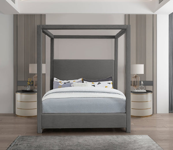 Meridian Furniture Emerson Four Post Canopy Full Bed Linen Upholstered Mid-century Modern Frame for Bedroom Grey EmersonGrey-F