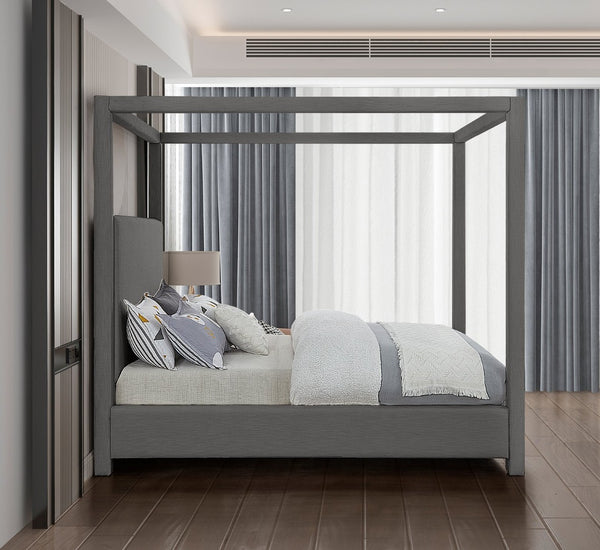 Meridian Furniture Emerson Four Post Canopy Full Bed Linen Upholstered Mid-century Modern Frame for Bedroom Grey EmersonGrey-F