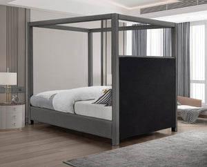 Meridian Furniture Emerson Four Post Canopy Full Bed Linen Upholstered Mid-century Modern Frame for Bedroom Grey EmersonGrey-F