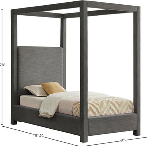 Meridian Furniture Emerson Four Post Canopy Twin Bed Linen Upholstered Mid-century Modern Bedroom Frame Grey EmersonGrey-T