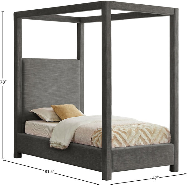 Meridian Furniture Emerson Four Post Canopy Twin Bed Linen Upholstered Mid-century Modern Bedroom Frame Grey EmersonGrey-T