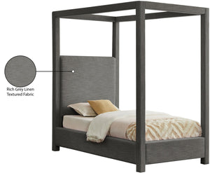Meridian Furniture Emerson Four Post Canopy Twin Bed Linen Upholstered Mid-century Modern Bedroom Frame Grey EmersonGrey-T