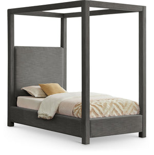 Meridian Furniture Emerson Four Post Canopy Twin Bed Linen Upholstered Mid-century Modern Bedroom Frame Grey EmersonGrey-T