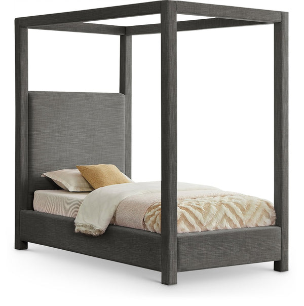 Meridian Furniture Emerson Four Post Canopy Twin Bed Linen Upholstered Mid-century Modern Bedroom Frame Grey EmersonGrey-T