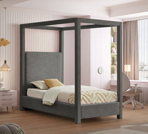 Meridian Furniture Emerson Four Post Canopy Twin Bed Linen Upholstered Mid-century Modern Bedroom Frame Grey EmersonGrey-T