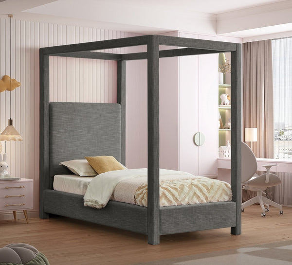 Meridian Furniture Emerson Four Post Canopy Twin Bed Linen Upholstered Mid-century Modern Bedroom Frame Grey EmersonGrey-T