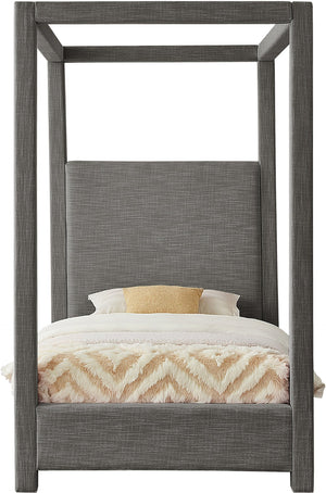 Meridian Furniture Emerson Four Post Canopy Twin Bed Linen Upholstered Mid-century Modern Bedroom Frame Grey EmersonGrey-T