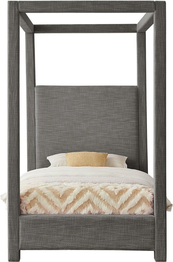 Meridian Furniture Emerson Four Post Canopy Twin Bed Linen Upholstered Mid-century Modern Bedroom Frame Grey EmersonGrey-T