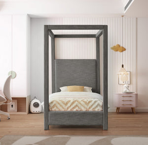 Meridian Furniture Emerson Four Post Canopy Twin Bed Linen Upholstered Mid-century Modern Bedroom Frame Grey EmersonGrey-T