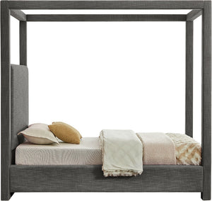 Meridian Furniture Emerson Four Post Canopy Twin Bed Linen Upholstered Mid-century Modern Bedroom Frame Grey EmersonGrey-T