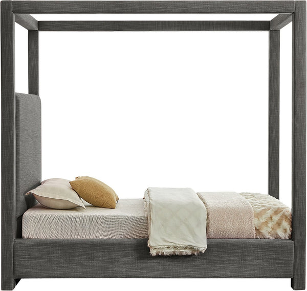 Meridian Furniture Emerson Four Post Canopy Twin Bed Linen Upholstered Mid-century Modern Bedroom Frame Grey EmersonGrey-T