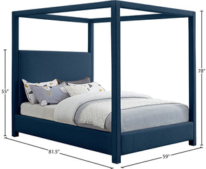 Meridian Furniture Emerson Four Post Canopy Full Bed Linen Upholstered Mid-century Modern Frame for Bedroom Navy EmersonNavy-F