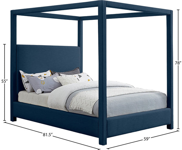 Meridian Furniture Emerson Four Post Canopy Full Bed Linen Upholstered Mid-century Modern Frame for Bedroom Navy EmersonNavy-F