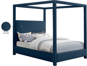 Meridian Furniture Emerson Four Post Canopy Full Bed Linen Upholstered Mid-century Modern Frame for Bedroom Navy EmersonNavy-F