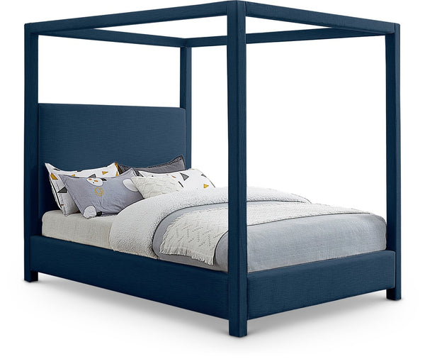 Meridian Furniture Emerson Four Post Canopy Full Bed Linen Upholstered Mid-century Modern Frame for Bedroom Navy EmersonNavy-F