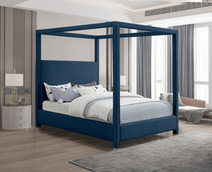 Meridian Furniture Emerson Four Post Canopy Full Bed Linen Upholstered Mid-century Modern Frame for Bedroom Navy EmersonNavy-F