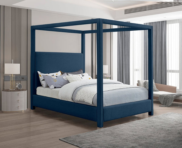 Meridian Furniture Emerson Four Post Canopy Full Bed Linen Upholstered Mid-century Modern Frame for Bedroom Navy EmersonNavy-F