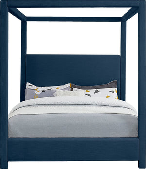 Meridian Furniture Emerson Four Post Canopy Full Bed Linen Upholstered Mid-century Modern Frame for Bedroom Navy EmersonNavy-F