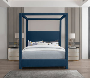 Meridian Furniture Emerson Four Post Canopy Full Bed Linen Upholstered Mid-century Modern Frame for Bedroom Navy EmersonNavy-F