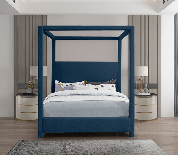 Meridian Furniture Emerson Four Post Canopy Full Bed Linen Upholstered Mid-century Modern Frame for Bedroom Navy EmersonNavy-F