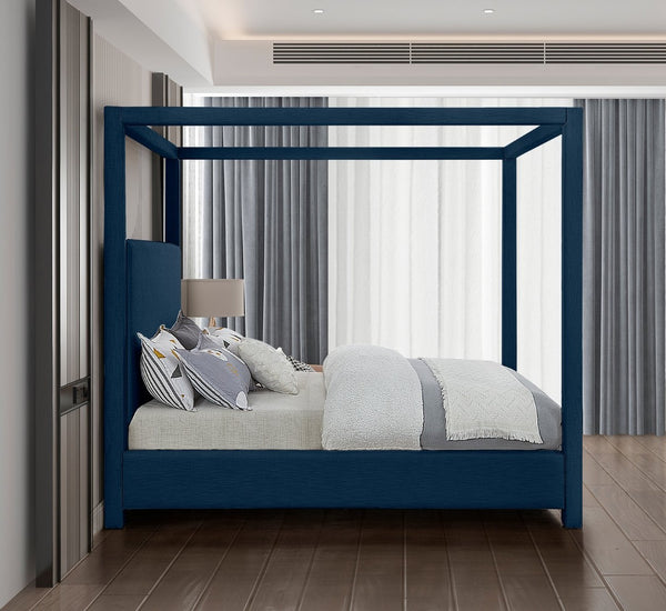 Meridian Furniture Emerson Four Post Canopy Full Bed Linen Upholstered Mid-century Modern Frame for Bedroom Navy EmersonNavy-F