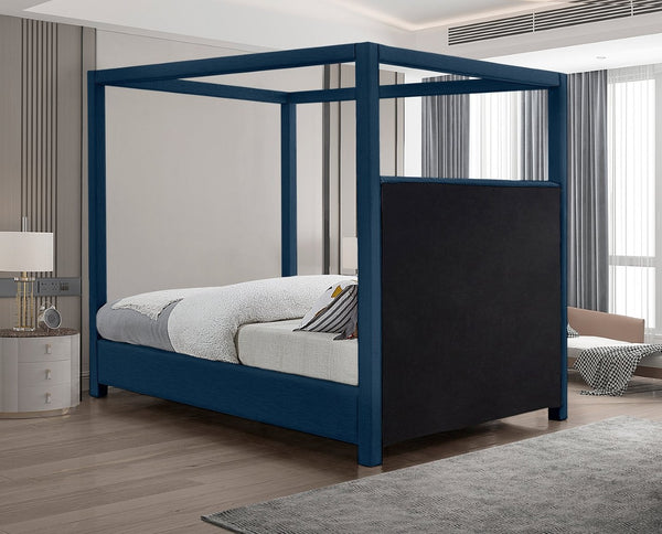 Meridian Furniture Emerson Four Post Canopy Full Bed Linen Upholstered Mid-century Modern Frame for Bedroom Navy EmersonNavy-F