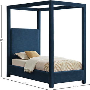 Meridian Furniture Emerson Four Post Canopy Twin Bed Linen Upholstered Mid-century Modern Bedroom Frame Navy EmersonNavy-T