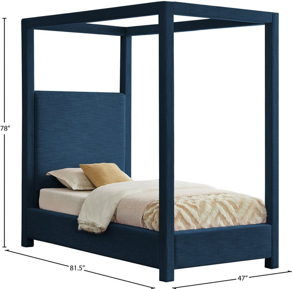 Meridian Furniture Emerson Four Post Canopy Twin Bed Linen Upholstered Mid-century Modern Bedroom Frame Navy EmersonNavy-T