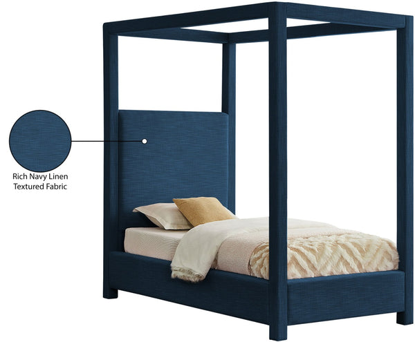 Meridian Furniture Emerson Four Post Canopy Twin Bed Linen Upholstered Mid-century Modern Bedroom Frame Navy EmersonNavy-T