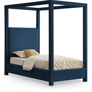 Meridian Furniture Emerson Four Post Canopy Twin Bed Linen Upholstered Mid-century Modern Bedroom Frame Navy EmersonNavy-T