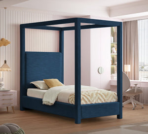 Meridian Furniture Emerson Four Post Canopy Twin Bed Linen Upholstered Mid-century Modern Bedroom Frame Navy EmersonNavy-T