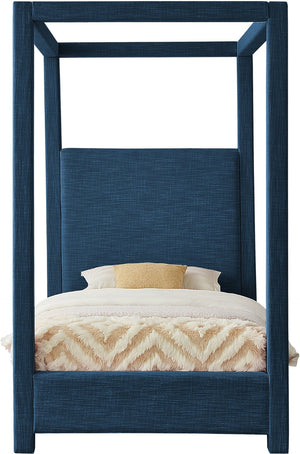 Meridian Furniture Emerson Four Post Canopy Twin Bed Linen Upholstered Mid-century Modern Bedroom Frame Navy EmersonNavy-T