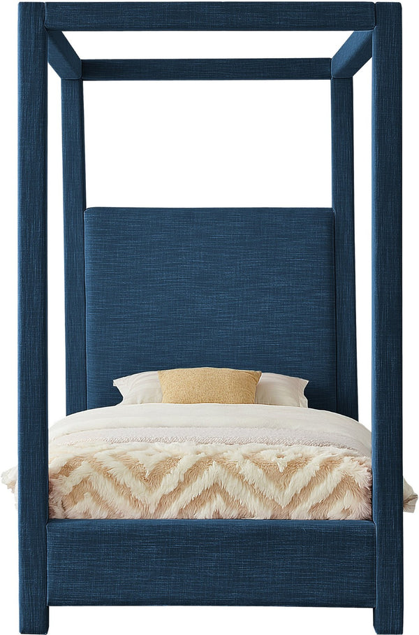 Meridian Furniture Emerson Four Post Canopy Twin Bed Linen Upholstered Mid-century Modern Bedroom Frame Navy EmersonNavy-T