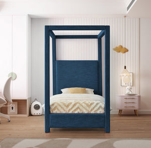 Meridian Furniture Emerson Four Post Canopy Twin Bed Linen Upholstered Mid-century Modern Bedroom Frame Navy EmersonNavy-T