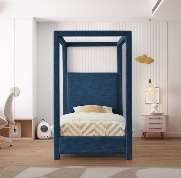 Meridian Furniture Emerson Four Post Canopy Twin Bed Linen Upholstered Mid-century Modern Bedroom Frame Navy EmersonNavy-T