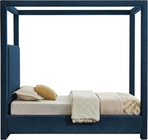 Meridian Furniture Emerson Four Post Canopy Twin Bed Linen Upholstered Mid-century Modern Bedroom Frame Navy EmersonNavy-T