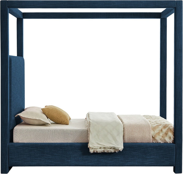 Meridian Furniture Emerson Four Post Canopy Twin Bed Linen Upholstered Mid-century Modern Bedroom Frame Navy EmersonNavy-T