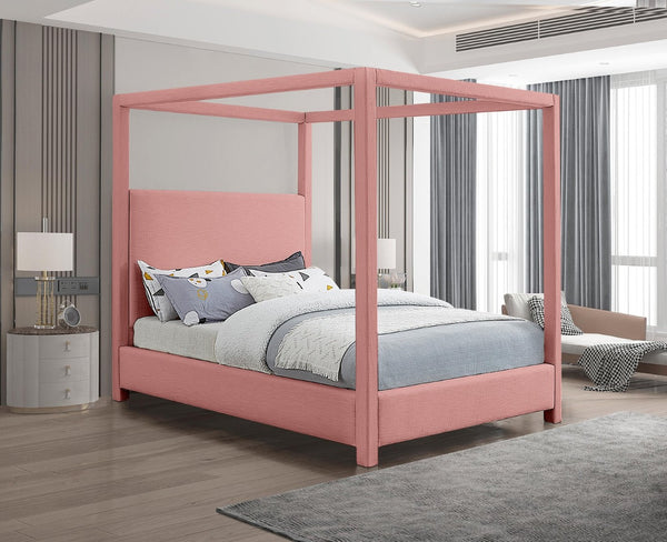 Meridian Furniture Emerson Four Post Canopy Full Bed Linen Upholstered Mid-century Modern Frame for Bedroom Pink EmersonPink-F