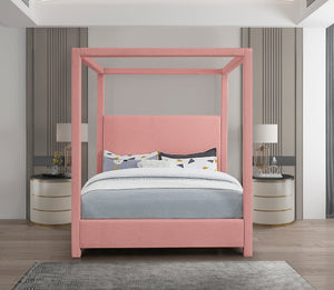 Meridian Furniture Emerson Four Post Canopy Full Bed Linen Upholstered Mid-century Modern Frame for Bedroom Pink EmersonPink-F