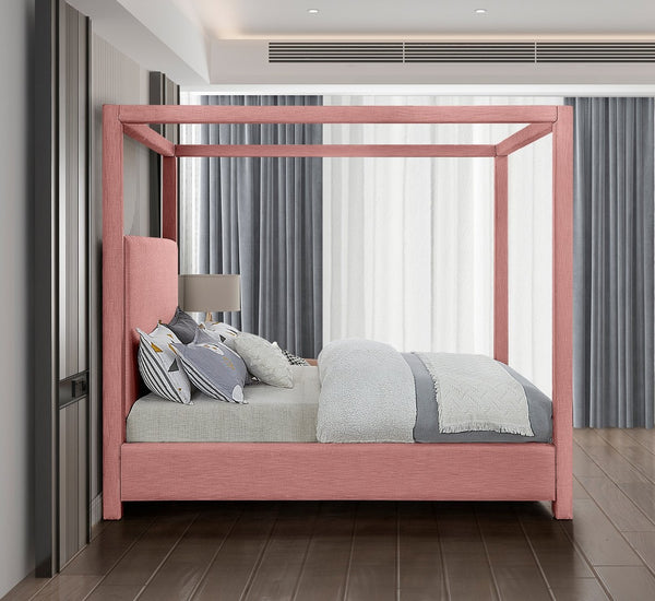 Meridian Furniture Emerson Four Post Canopy Full Bed Linen Upholstered Mid-century Modern Frame for Bedroom Pink EmersonPink-F