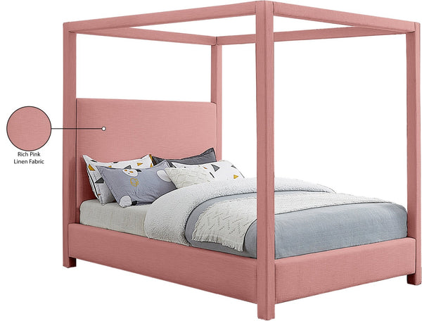 Meridian Furniture Emerson Four Post Canopy King Bed Upholstered in Pink Linen for Master Bedroom EmersonPink-K