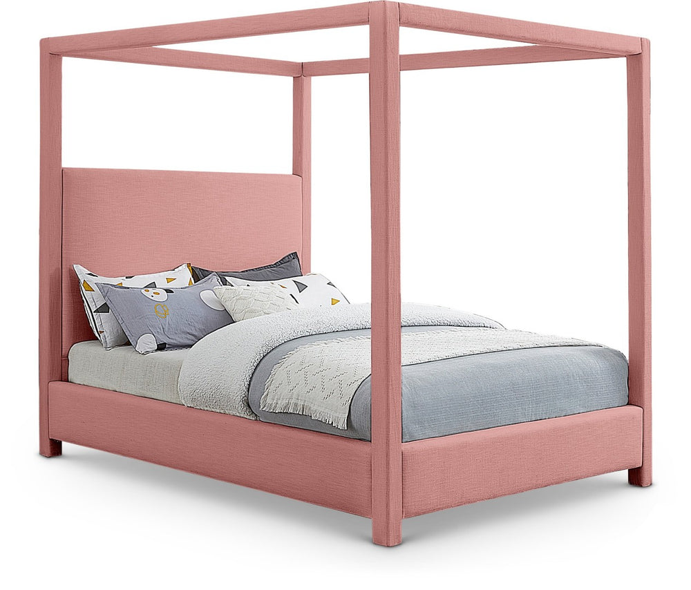 Meridian Furniture Emerson Four Post Canopy King Bed Upholstered in Pink Linen for Master Bedroom EmersonPink-K