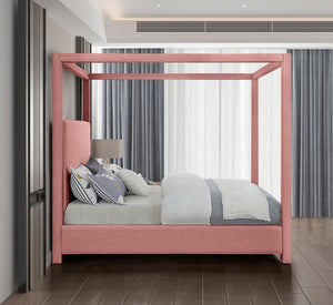 Meridian Furniture Emerson Four Post Canopy King Bed Upholstered in Pink Linen for Master Bedroom EmersonPink-K