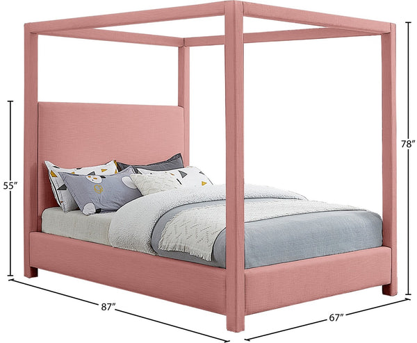 Meridian Furniture Emerson Four Post Canopy Queen Bed Foam Cushioned Linen Fabric Bohemian Bedroom EmersonPink-Q