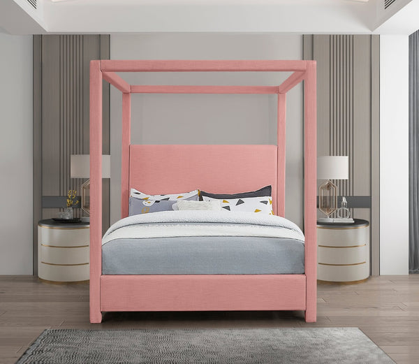 Meridian Furniture Emerson Four Post Canopy Queen Bed Foam Cushioned Linen Fabric Bohemian Bedroom EmersonPink-Q